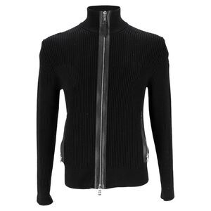 Moncler Leather-Trimmed Ribbed Cardigan in Black Wool